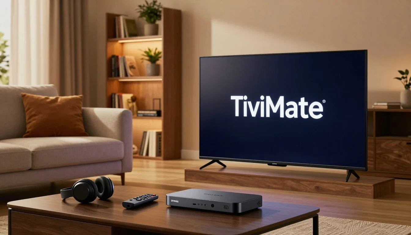 Firestick remote with TiviMate IPTV player on a Smart TV screen